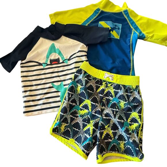 2T SHARKS Swimwear Lot Boys Swim Trunks Rashguard UV Skins Carters Toddler 3 PC - Picture 1 of 9